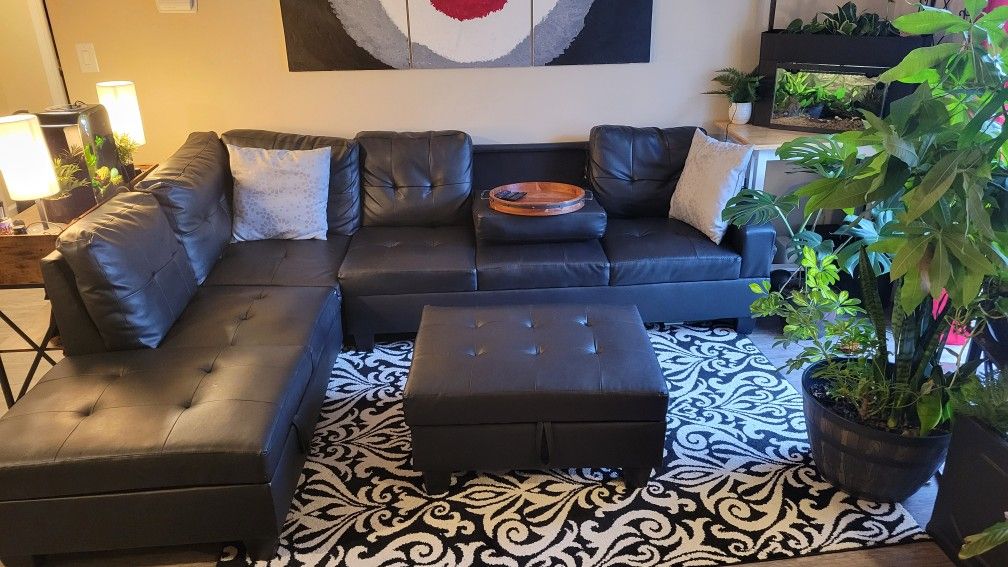 Black Faux Leather Sectional With Ottoman 