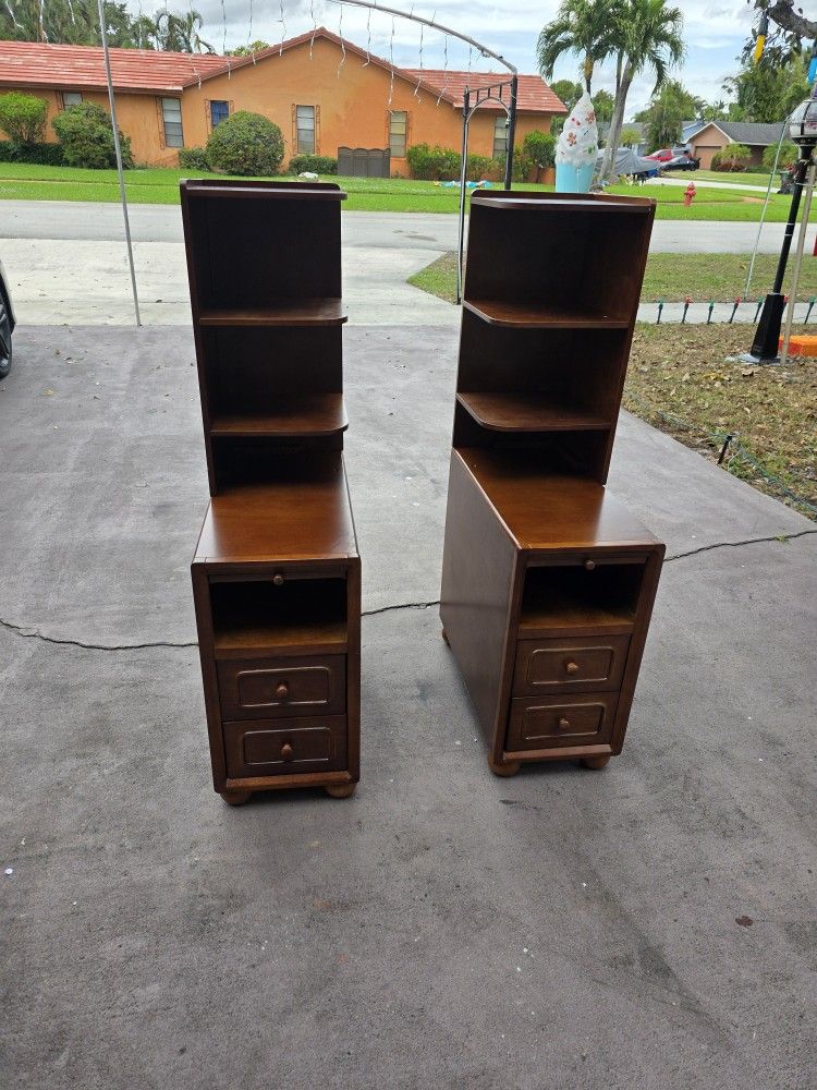 SET OF 2 Solid Wood End Table with Drawers and Reversible Corner Shelves, Tall Narrow Side and pull out tray Walnut BRAND NEW in boxes read descriptio