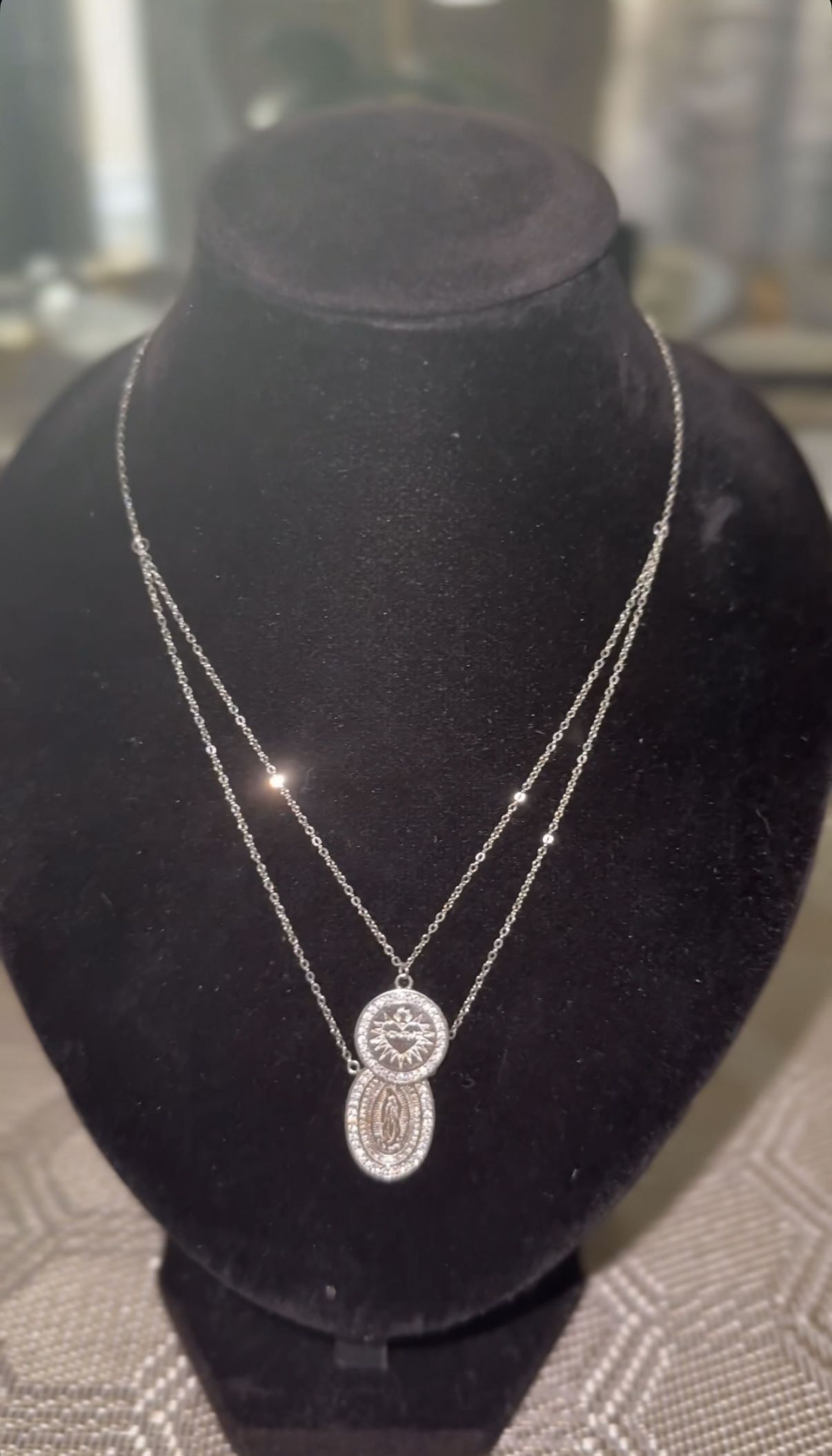 Silver Virgin Mary & Heart Of Christ Necklace