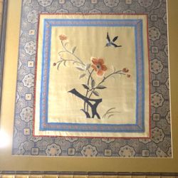 Traditional Chinese Embroidery On Silk Panel Featuring a Swallow & Flowers 14.5x15.75" Framed