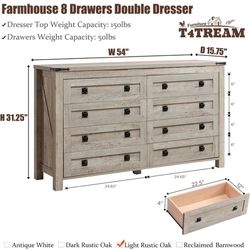 T4TREAM Farmhouse 8 Drawers Dresser Chests for Bedroom, Wood Rustic Wide Chset of Drawers,Storage Dressers Organizer for Bedroom, Living Room,Hallway,