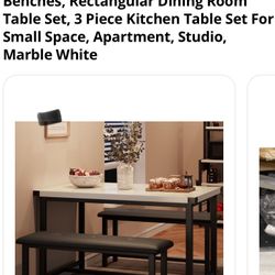 IDEALHOUSE Dining Table Set For 4, Kitchen Table With 2 Upholstered Benches, Rectangular Dining Room Table Set, 3 Piece Kitchen Table Set For Small Sp