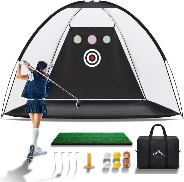 The Himal Outdoors Golf Practice Net with Mat is a 10x7 ft heavy duty golf hitting net that can be used for backyard driving training.