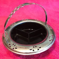 Vintage Farberware Brooklyn Black Depression Glass Divided Dish Pierced Chrome with Handle HTF!