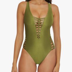 BECCA Women's Standard Color Sheen One Piece Swimsuit, Plunge Neck, Sexy Satin, Bathing Suits