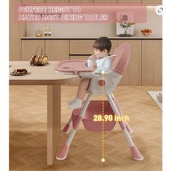Adjustable 6-in-1 Convertible Baby High Chair, Pink and White, Double-Layered Tray with Game Board, BPA-Free Food Grade Material, Portable with Wheels