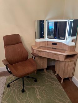 MOVING SALE: 48” Fluted Corner Makeup Vanity Desk – Natural Oak