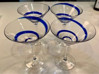 Pier 1 Cobalt Blue Swirl 6.75” Martini Mouth Blown Glasses, Set of 4