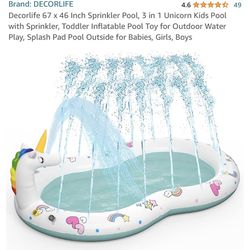 Decorlife 67 x 46 Inch Sprinkler Pool, 3 in 1 Unicorn Kids Pool with Sprinkler