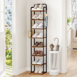 Industrial 8-Tier Narrow Shoe Rack – Rustic Brown/Black