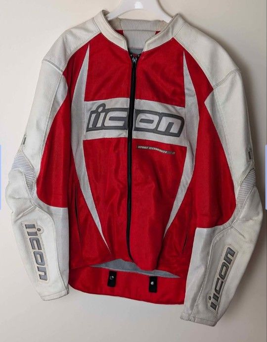 lcon XL Red White Mesh Leather Motorcycle Jacket Armor Lined EU 56 US 44/46