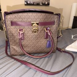 Michael Kors Brown Purple Logo Satchel Gold Hardware Lock Detachable Strap Dust Bag