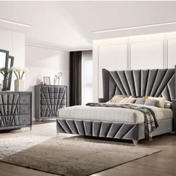 Brand New Grey 4pc Queen Size Bedroom Set (Available In California & Eastern King)