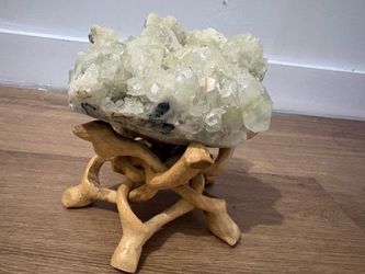 Large Apophyllite-Stlibite Crystal Cluster with Wooden Stand