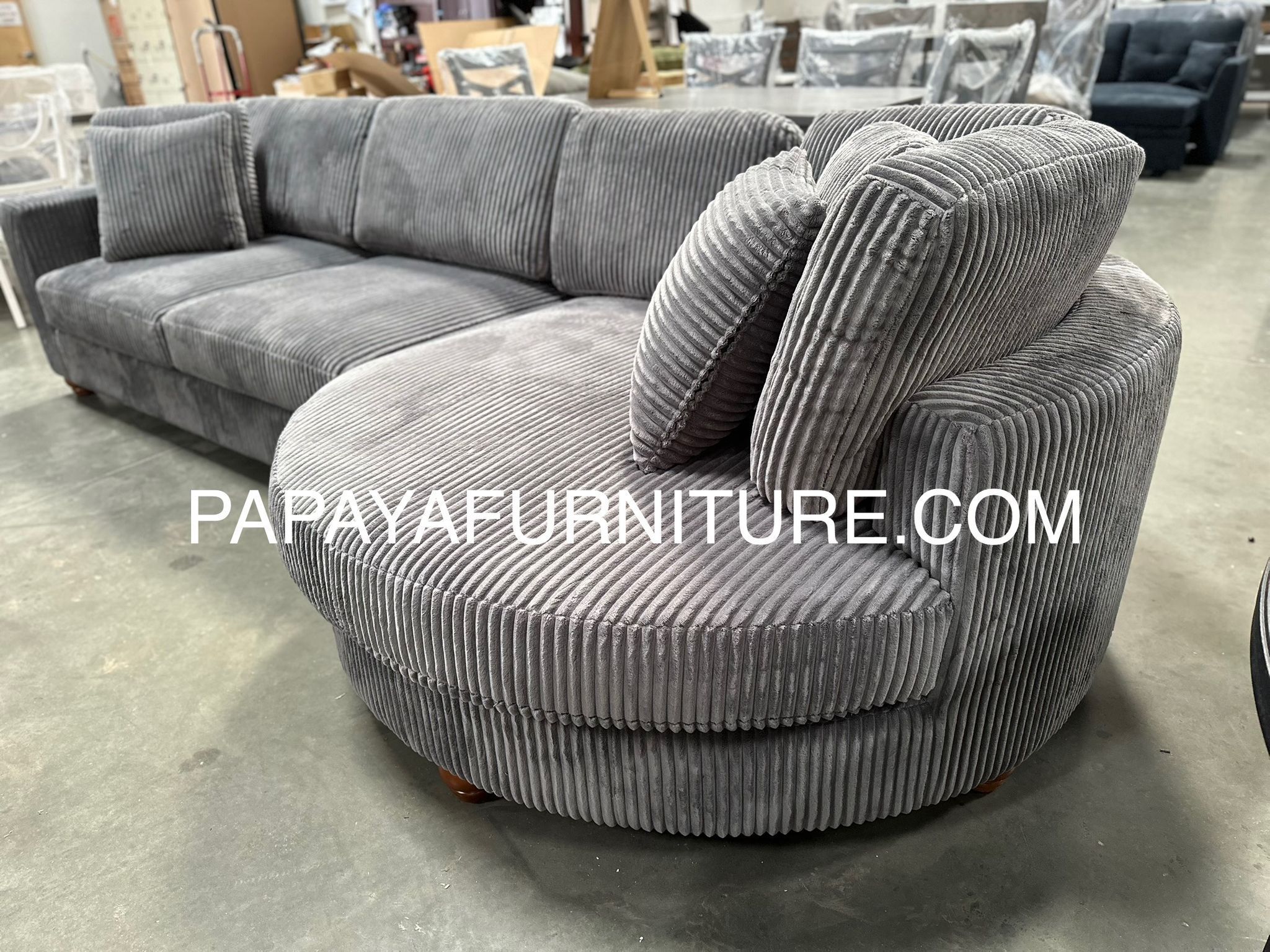 NEW Modern Sectional Sofa and Chaise Set Grey Fabric Round Curve Chaise Ashley Style Discount Furniture Warehouse BIG Couch SALE Wide seat cushions