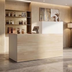 Modern Reception Desk with Storage Cabinet & Locking Drawer, 55.1” Front Counter Desk, White & Wood