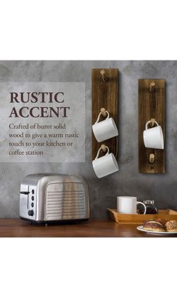 Set of 2 wall mounted 3-hook wood mug hanging racks with rustic burnt finish