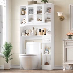 Over The Toilet Storage Cabinet with Toilet Paper Holder Stand, Above Toilet Organizer with Glass Doors, Behind Toilet Shelf for Restroom, Bathroom, L