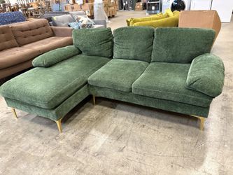 COOLMORE Evergreen Chenille L-Shaped Sofa with Gold-Tone Legs