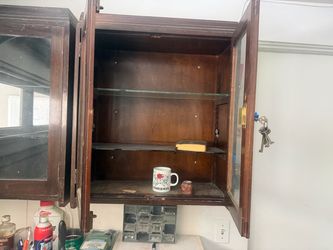 2 antique wall display wood cabinets, old and with keys