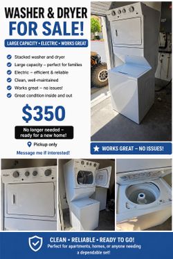 Whirlpool Large Capacity Electric Stacked Washer & Dryer - Works Great