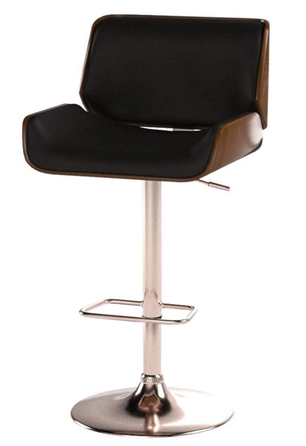 Armen Living London Modern Adjustable Height Swivel Black Faux Leather and Walnut Wood Bar Stool with Chrome Base for Kitchen Island Counter