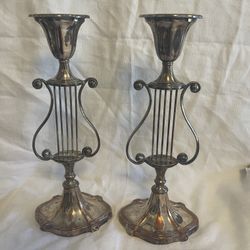 1920’s Antique Barbour Silver Plate Large Harp Candlesticks