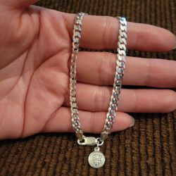 Italy 925 Solid Sterling Silver Cuban Link Bracelet w/ Saint Benedict Mini Charm for Women 7.5" Plata 925 Pulsera San Benito Para Dama 7.5"
