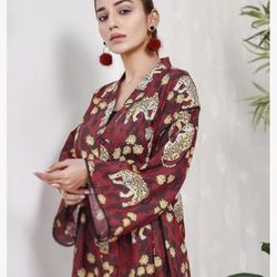 Pakistani/Indian - Women, Girls Kurti Printed Lawn Top 2 pcs Dress Undershirt + Jacket Sleeveless Undershirt Printed Jacket