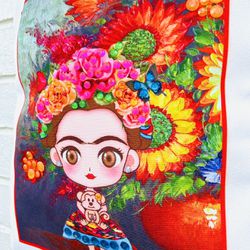 New Frida Kahlo Cartoon Portrait Folk Art Shopper Shoulder Bag Gem Embellished