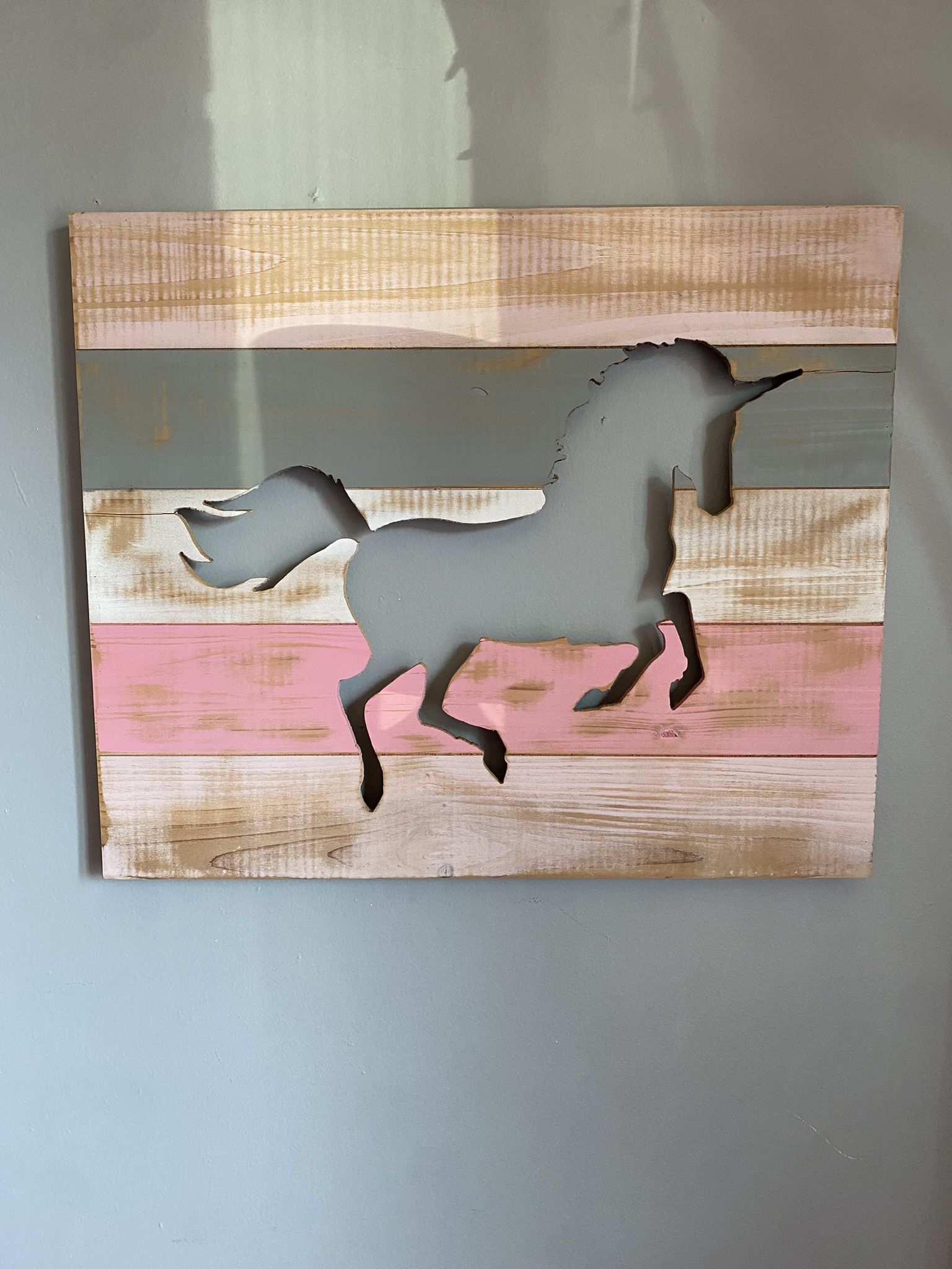Girls Unicorn Wooden Rustic Room Decor Horse Cutout Pink and Grey