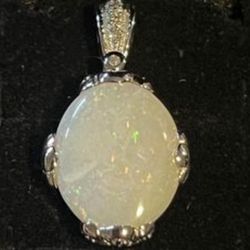 Stunning Large Opal 3.50 TCW Pendant with Diamond Accents in 10K White Gold 