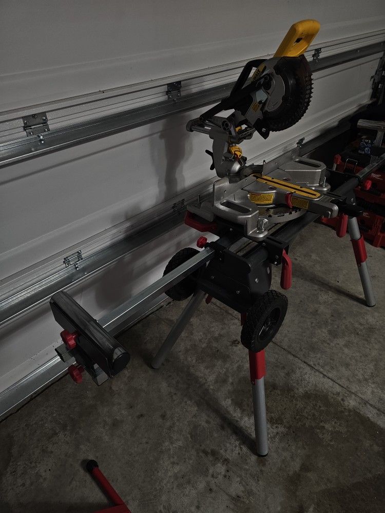 Dewalt 20v Cordless 7 1/4 Sliding Miter Saw With Mobile Workstation And A Folding Rolling Stand