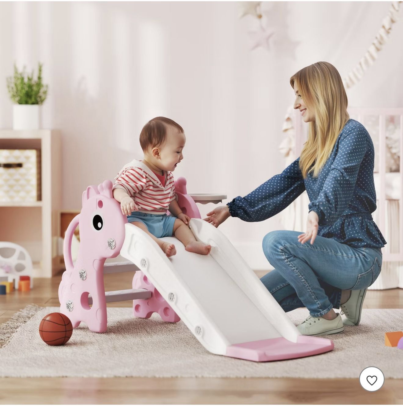 3-in-1 Toddler Slide for Age 1-3, Freestanding Kids Slide with Climber, Basketball Hoop and Ball, (Pink Gray)