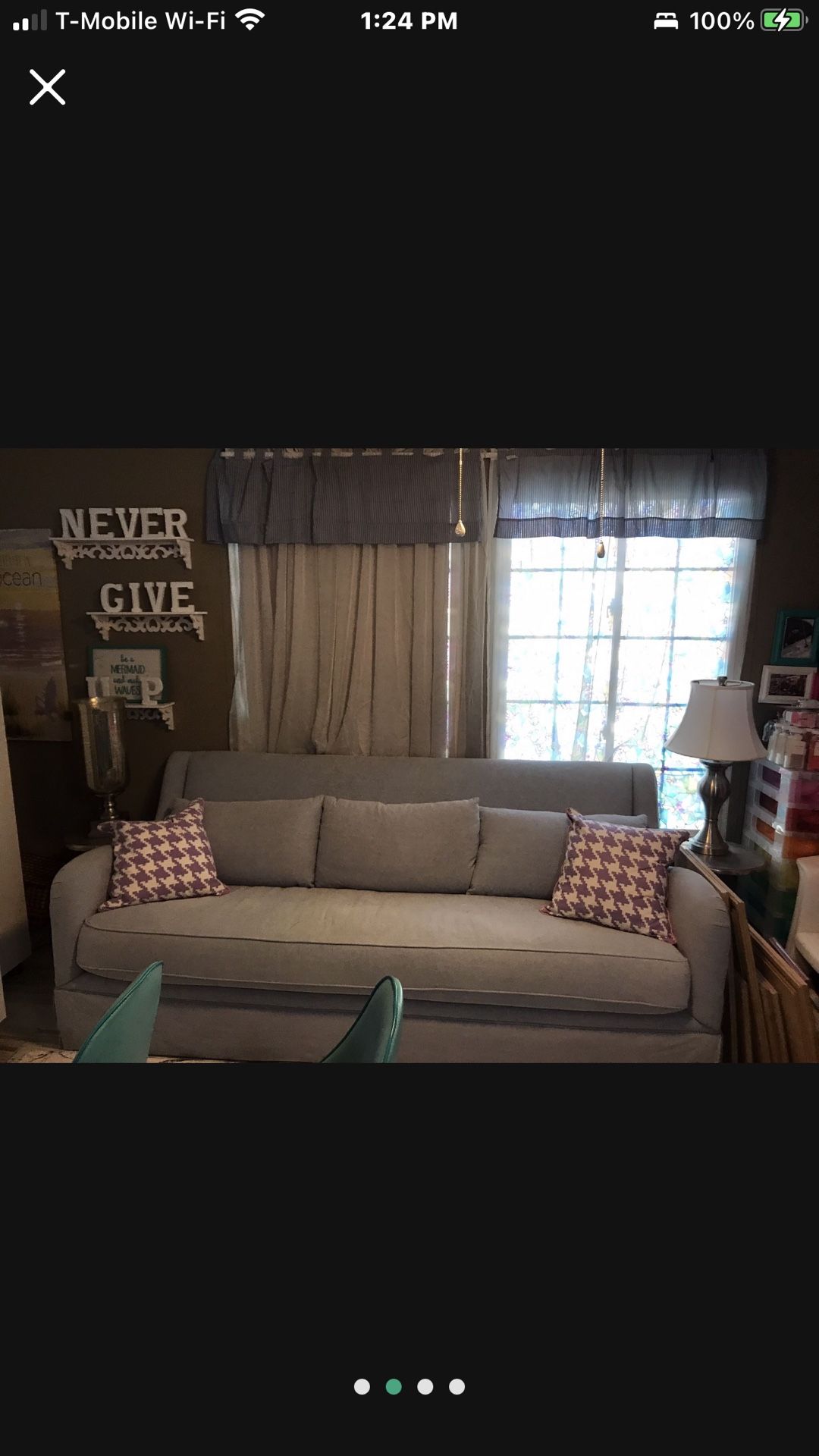 Couch two end tables 2 lamps two lavender and white pillows all brand new items hardly ever used paid 2000 selling all of it for 600