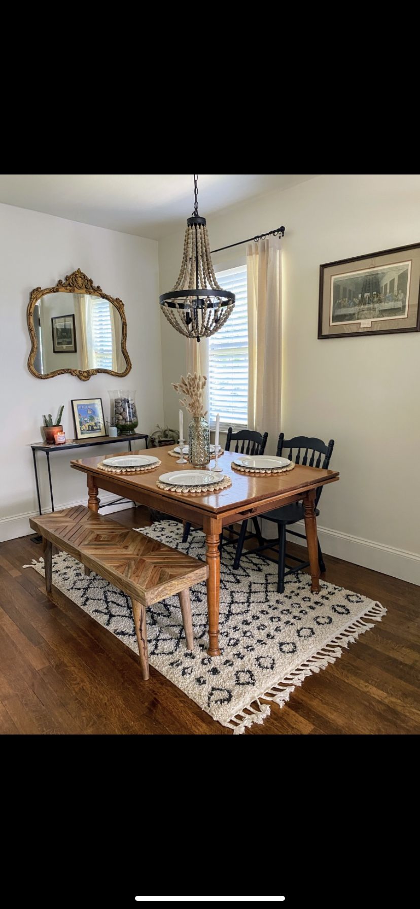 Vintage dining table and 2 black chalk chairs