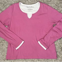 Faded Glory Women’s Size Large (12/14) Pink/White Scoop Neck Long Sleeve T-Shirt 