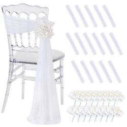 SoarDream White Chair Sashes For Wedding: 16 Pieces Sheer Church Chair Cover With Artificial Hydrangea For Party Banquet Aisle Decorations