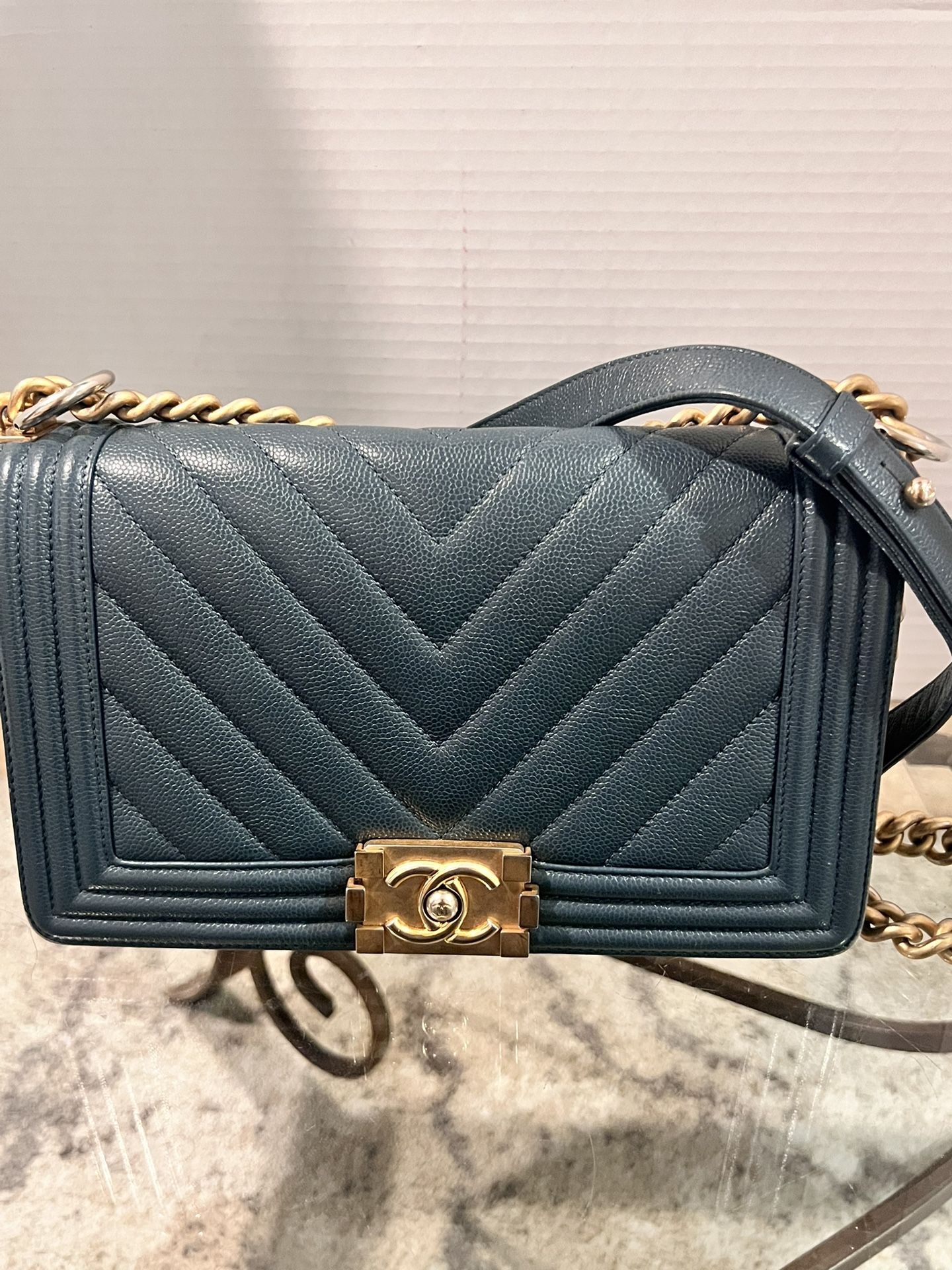 Chanel Blue Chevron Caviar Old Medium Boy Crossbody Bag GHW