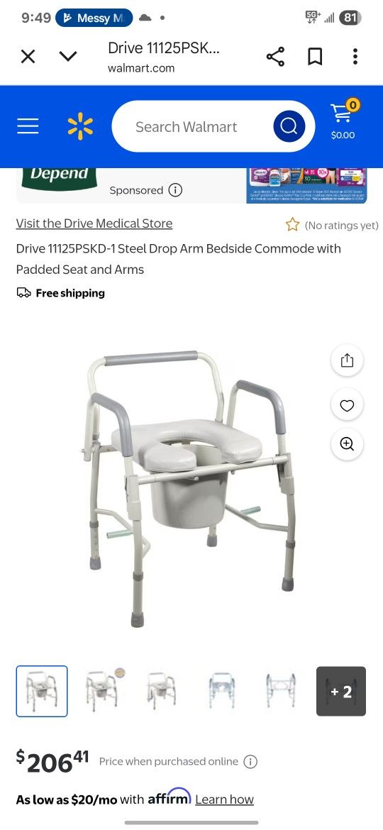 Steel Drop Arm Commode W/ Padded Seat