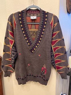 Vtg Jas Brown Wool V-Neck Pattern Embroidery Sweater Size Large-Made in Germany