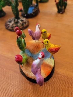Hens & Chicks & Nopales Cactus On Rainbow Colored Base Vintage Mexico Folk Art Pottery Figurine Hand Painted Clay Wire