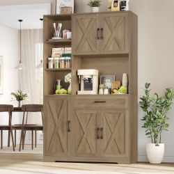 71" Farmhouse Kitchen Pantry Storage Cabinet, Freestanding Hutch with Doors, Shelves & Microwave Stand, Cupboard