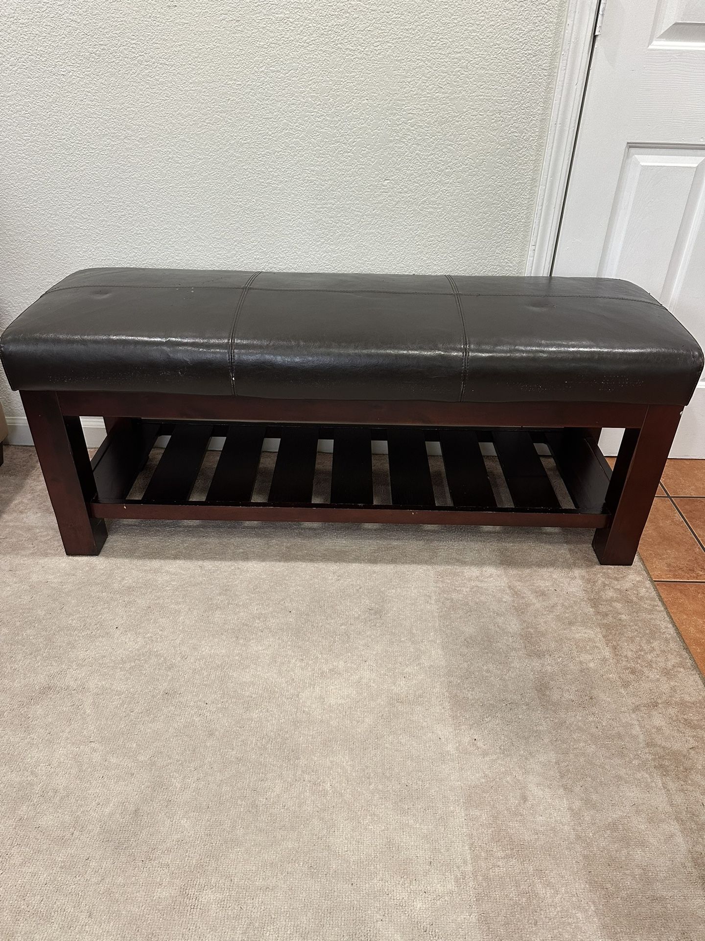 Brown Leather Bench with Bottom Storage