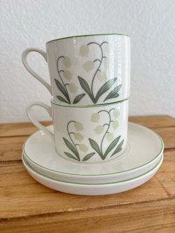 2 Set Retro Lily of the Valley Ceramic Coffee Cup Saucer French Country Vintage Style