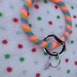 Pink Multi-colored Rainbow Sherbet w/ Cross Charm Bangle Keyring