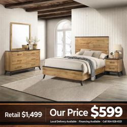 Rustic Wood Bedroom Set with Bed, Dresser, Mirror, and Nightstand