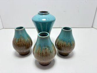 Set of 4 Turquoise Drip Glaze Ceramic Bud Vases 6” , 4”