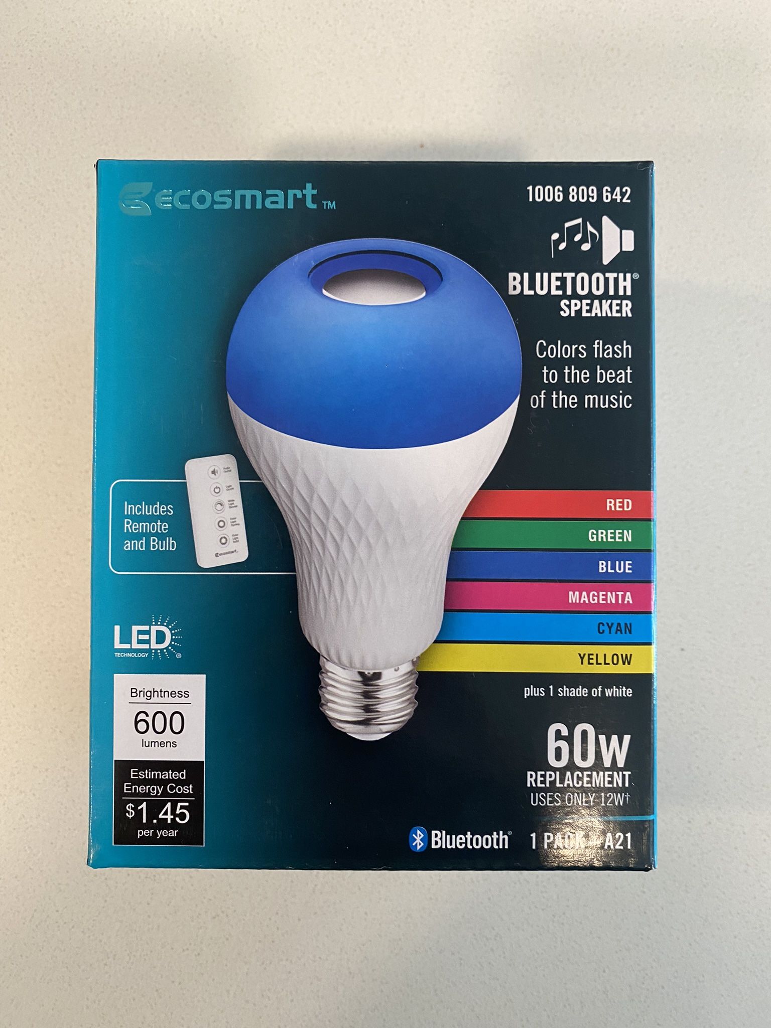 New 60-Watt Equivalent A21 Bluetooth Speaker Colored Plus Bright White LED Light Bulb W/ Remote