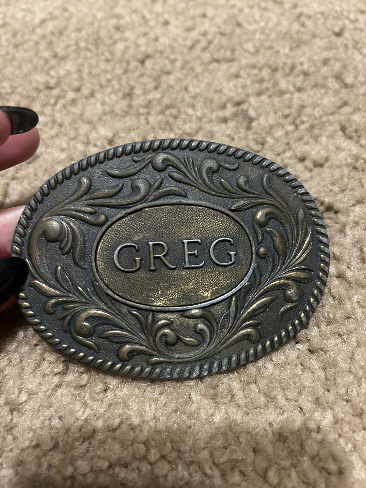 Vintage 1977 Greg Brass Belt Buckle